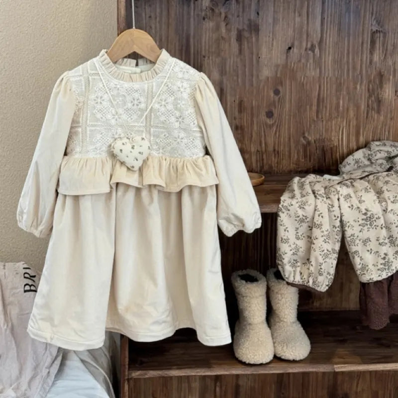 Floral Puff Long Sleeve Lace Vestido Stand Collar Loose Baby Clothes 2-12Y