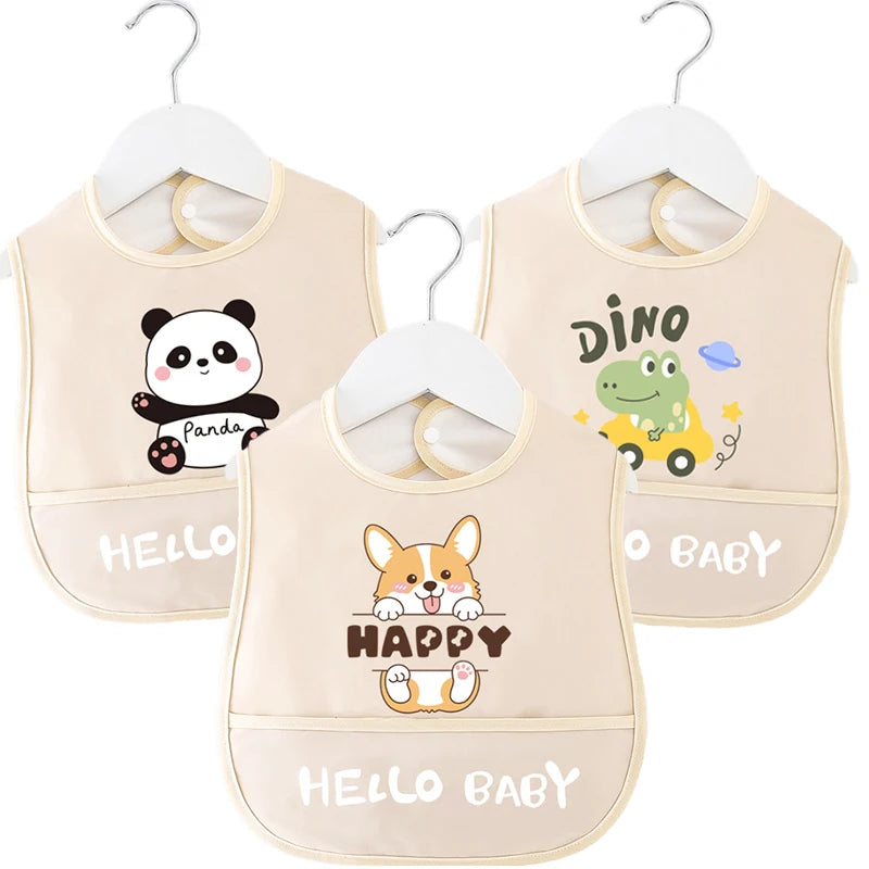 Cartoon Pattern Waterproof Baby Eating Bib Gown for Children Button Closure Food Supplement OEM Service Available