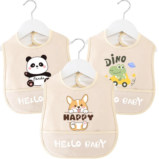 Cartoon Pattern Waterproof Baby Eating Bib Gown for Children Button Closure Food Supplement OEM Service Available