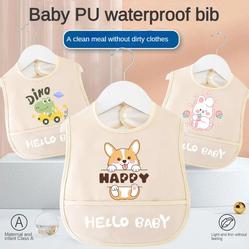 Cartoon Pattern Waterproof Baby Eating Bib Gown for Children Button Closure Food Supplement OEM Service Available