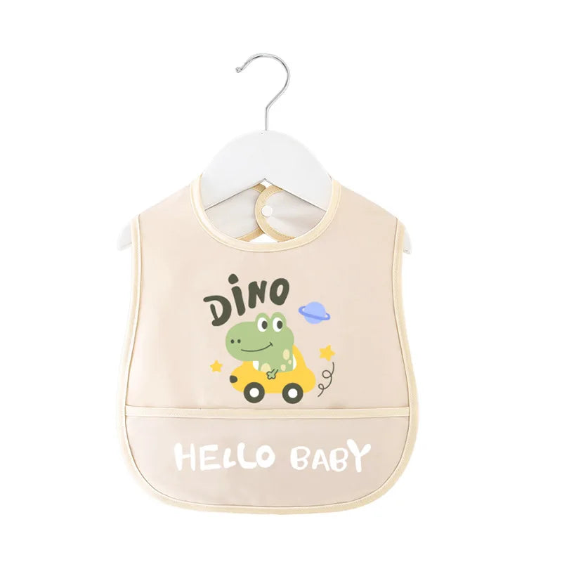 Cartoon Pattern Waterproof Baby Eating Bib Gown for Children Button Closure Food Supplement OEM Service Available