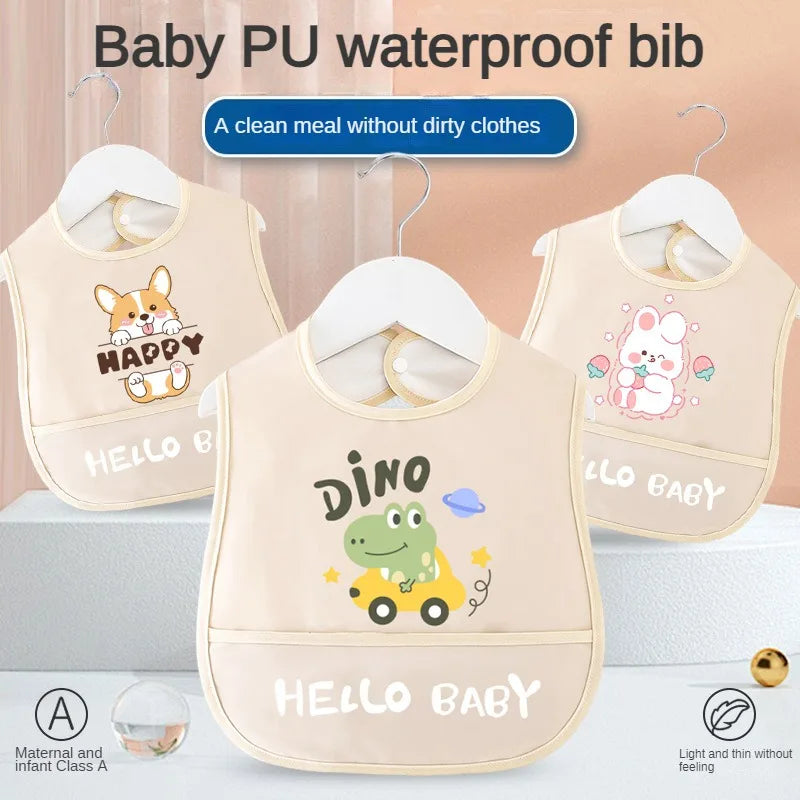 Cartoon Pattern Waterproof Baby Eating Bib Gown for Children Button Closure Food Supplement OEM Service Available