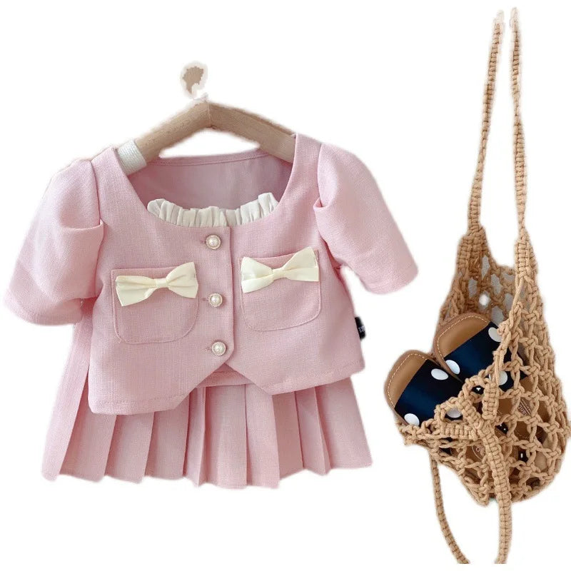 2023 New Kids Summer Short Sleeve Pocket Lace Bow Bead Coat Solid Color Pleated Skirt Two Pieces Set Girls Boutique Outfits