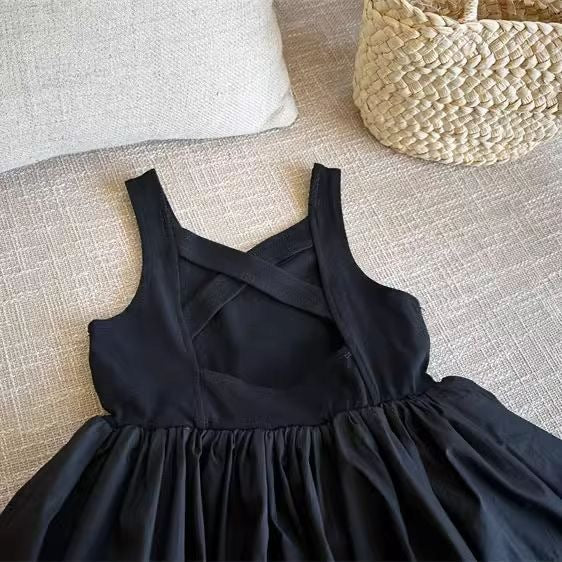 Infant Babys Girls Backless Sling Dress Cotton Solid Sleeveless Children Girls Dress Loose Flower Bud Dress For 2-7Y Kids Girls