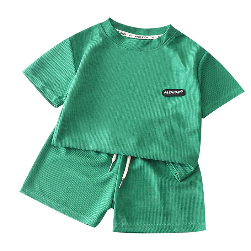Children's Sets Summer Leisure Loose Casual Girls Boys Waffle Short-sleeved Solid Top+shorts 2-piece Suit Simple Loungewear