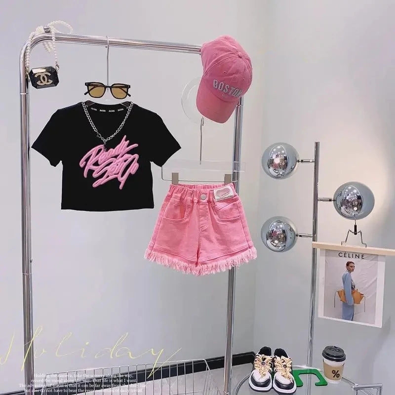 Children's Clothing Sets Monogram Print Short Sleeve + Denim Shorts Baby Girl Clothes 4 To 15 Years Baby Girl Outfit Set
