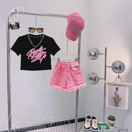 Children's Clothing Sets Monogram Print Short Sleeve + Denim Shorts Baby Girl Clothes 4 To 15 Years Baby Girl Outfit Set