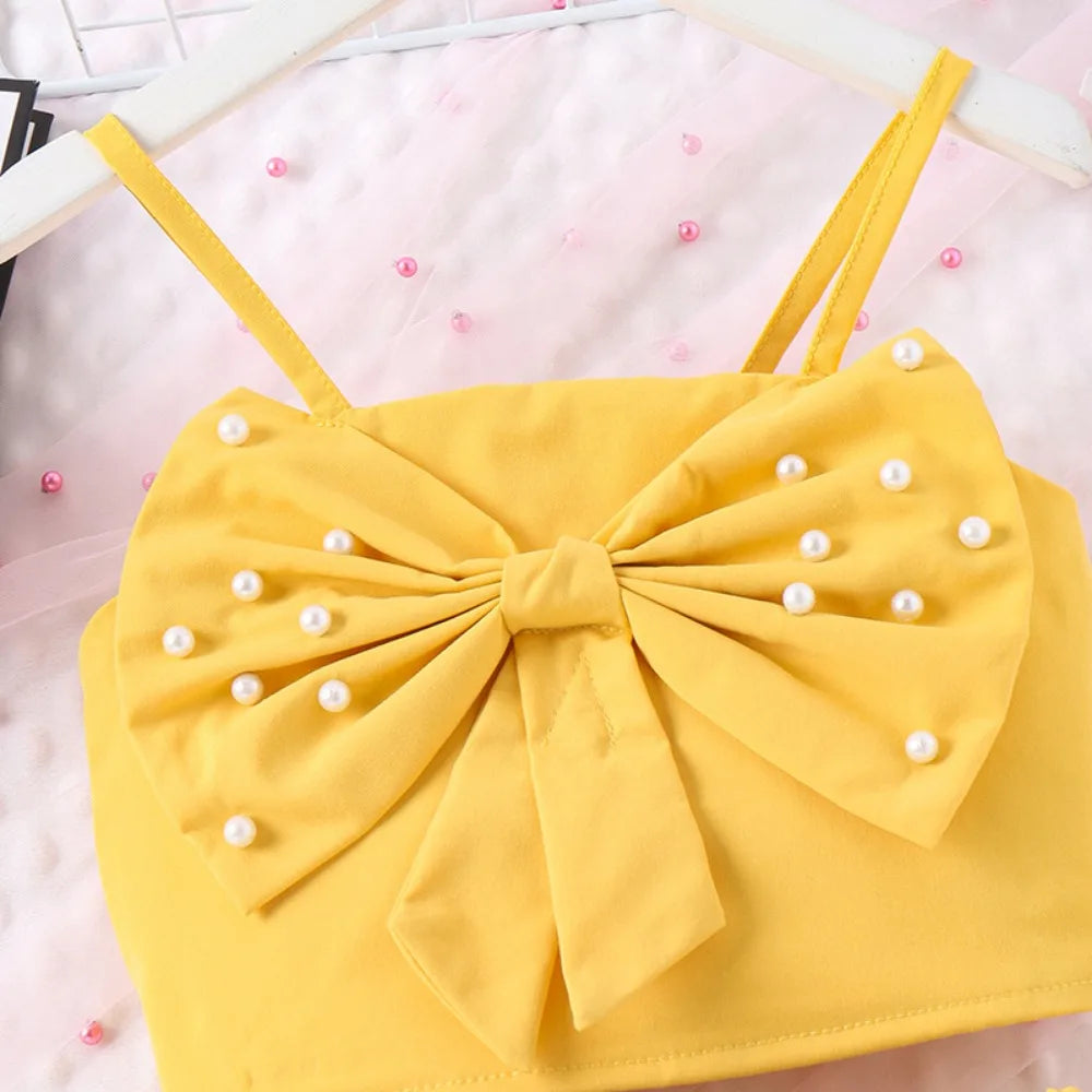 Bear Leader Summer New Pink Girls Clothes Sweet and Cute Children's Suit Pearl Bow Decorative Strap Top+Cake Skirt 2-piece Set
