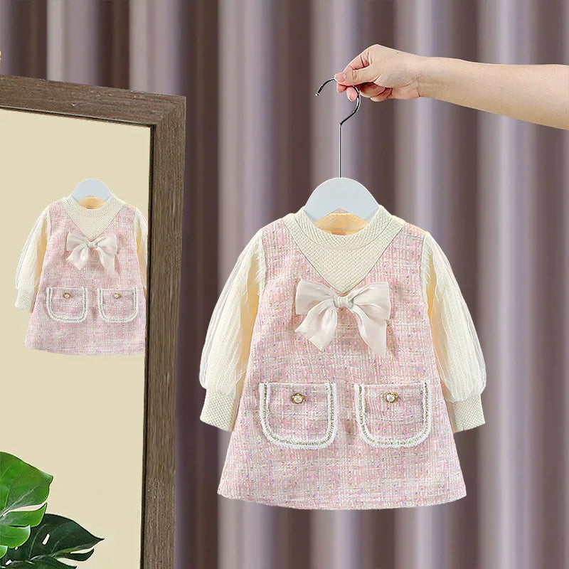 Baby Girl Dress Autumn Sweet Fragrant Breeze Butterfly Knot Bubble Sleeve Baby Girl Dress Birthday Party Baby Girl Dress