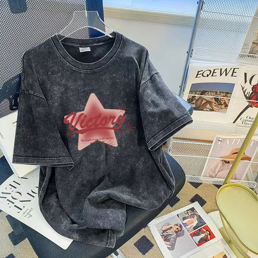 Hiphop Trendy Brand Washed Short Sleeve Women's T-shirt Oversize Loose Fit Black Print Casual Cotton Crew Neck Top