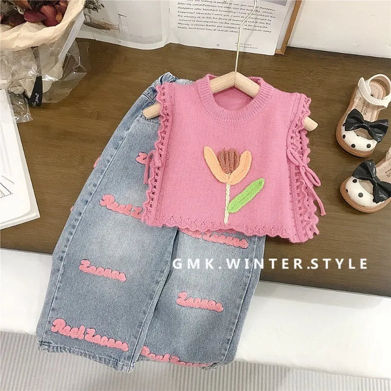 Children's Clothing sets 2-7 Years Pink Knitted Waistcoat + Jeans Summer Outfit Toddler Infant Clothing Set Kids Wear