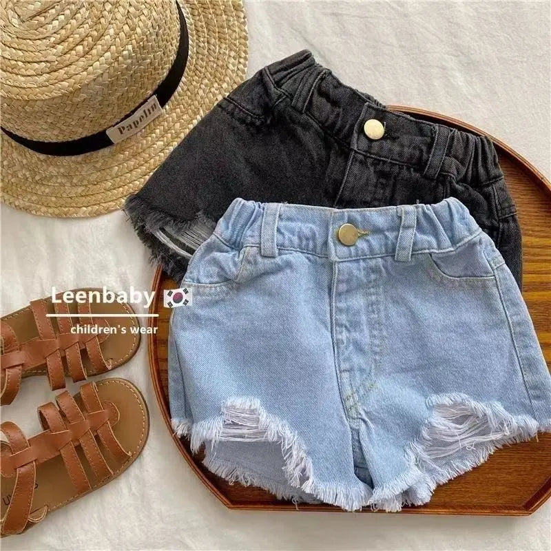 Summer Baby Girls Pants Washed Denim Ripped Shorts Hot Pants 2025 Summer New Fashion Children'S Clothing