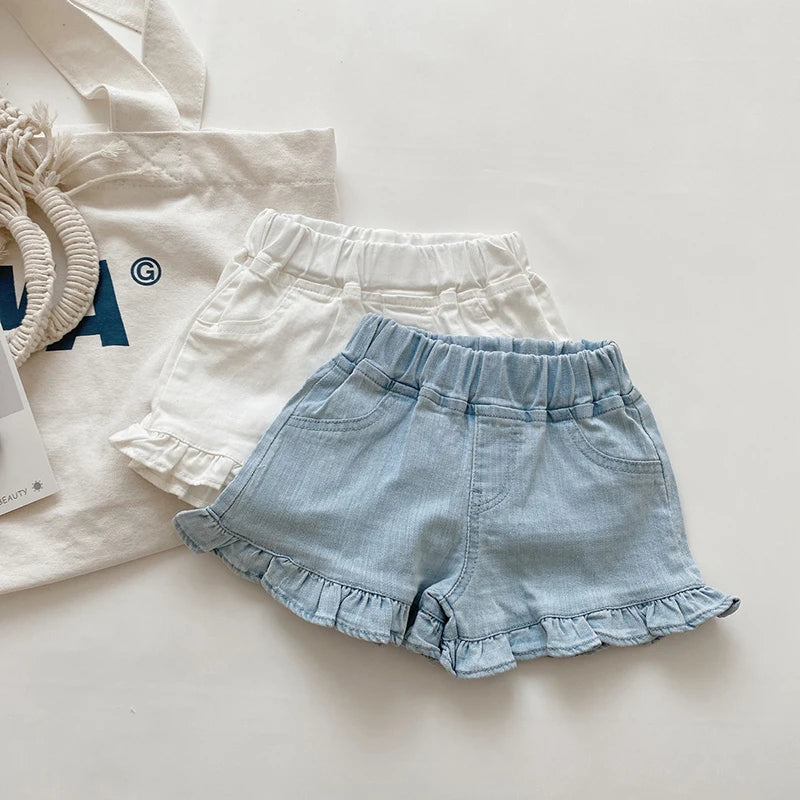 Children New Summer Kids Girls Ruffle Shorts Solid Brief Denim Children's Wear Teenage Girl Jeans