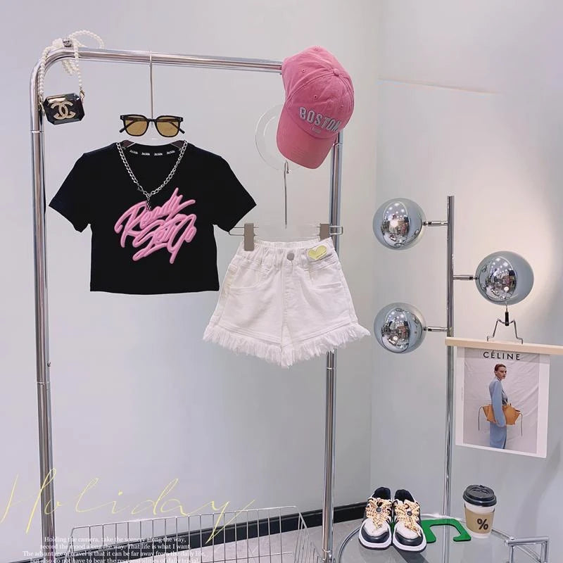 Children's Clothing Sets Monogram Print Short Sleeve + Denim Shorts Baby Girl Clothes 4 To 15 Years Baby Girl Outfit Set