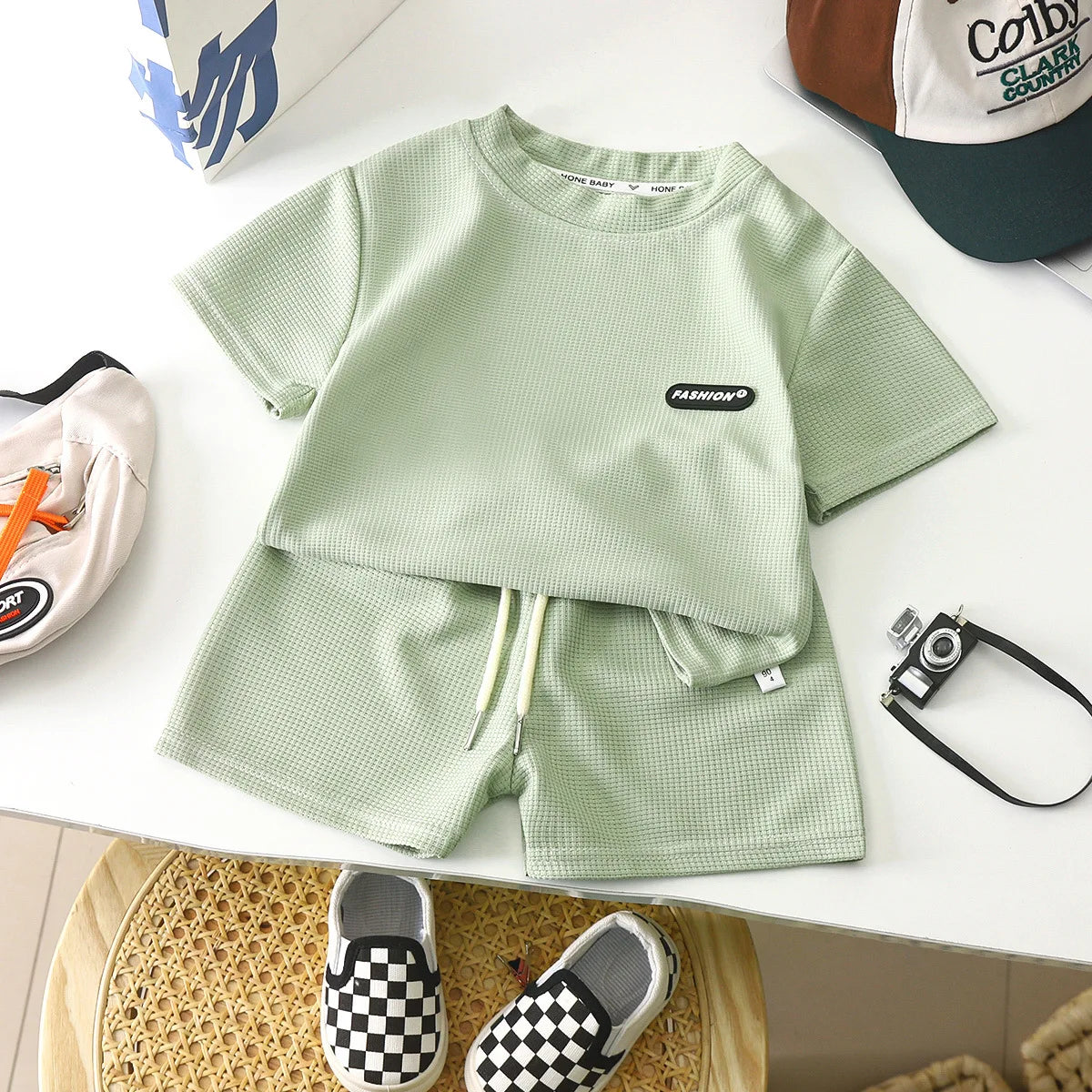 Children's Sets Summer Leisure Loose Casual Girls Boys Waffle Short-sleeved Solid Top+shorts 2-piece Suit Simple Loungewear