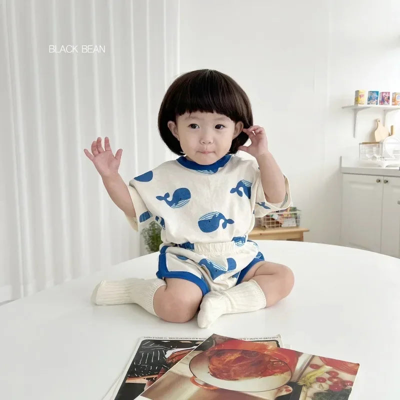 Full Print dolphin Tees +shorts Boys And Girls Cute Cotton Fashion Crew Neck Pullover Short Sleeve Home Clothes 2pcs Suits