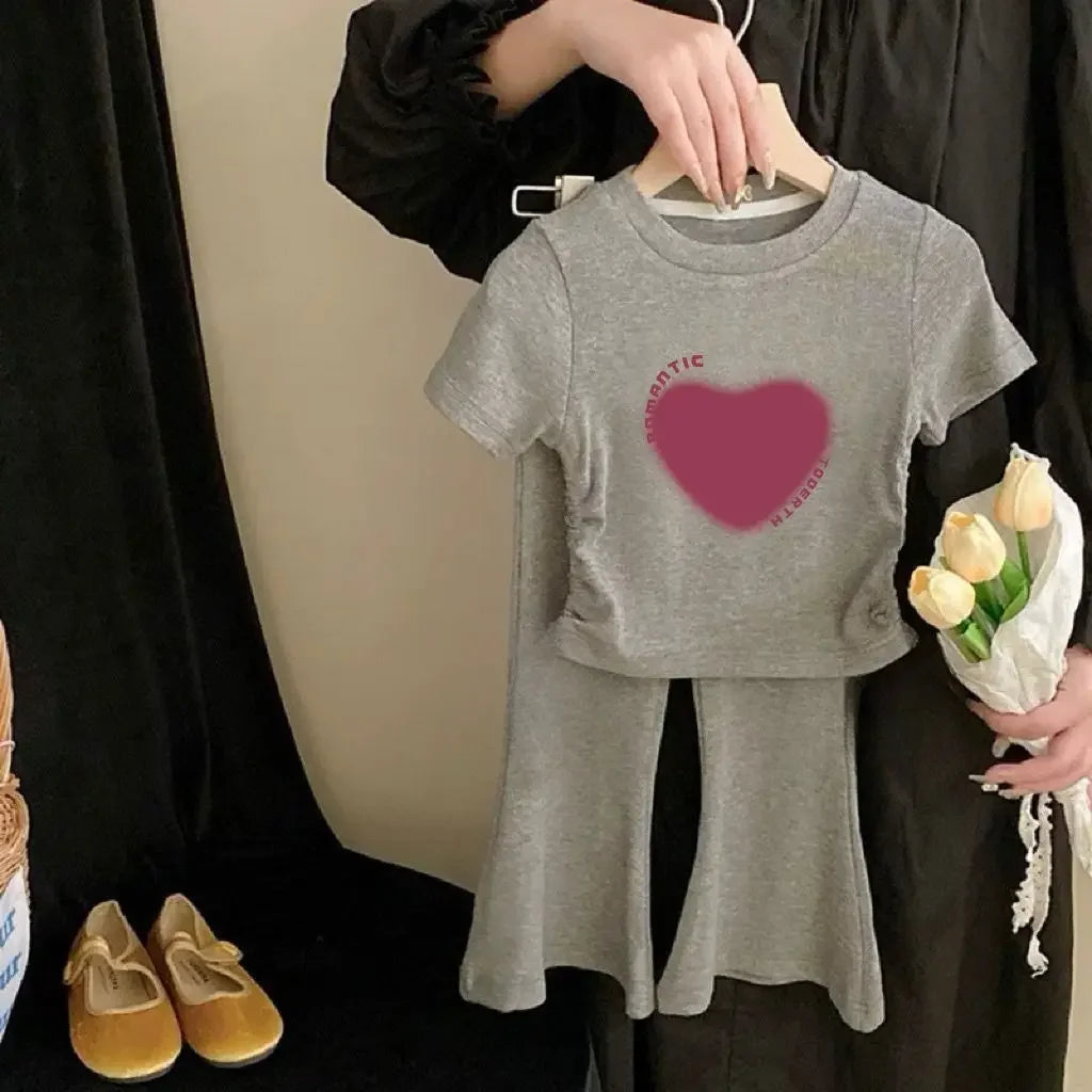 Children's Sets Girls' Summer Sweetheart Print Blouse Set - Waist-Cinching Top + Flared Pants Two Piece Set