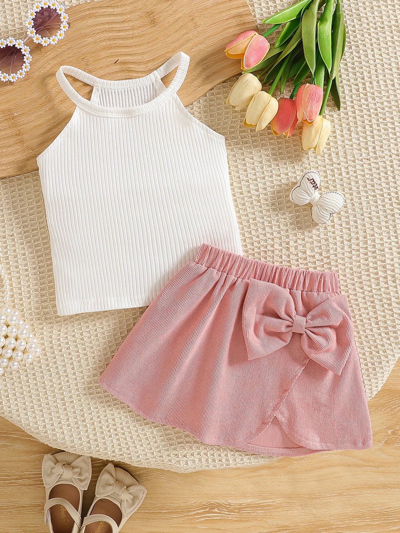 Fashion Baby Girl Two-Piece Set With Hanging Neck Sleeveless Top And Bow Decoration Short Skirt Set
