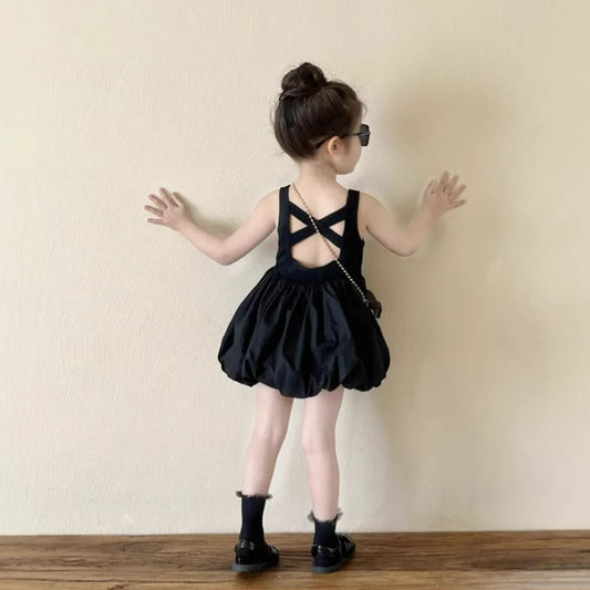 Infant Babys Girls Backless Sling Dress Cotton Solid Sleeveless Children Girls Dress Loose Flower Bud Dress For 2-7Y Kids Girls