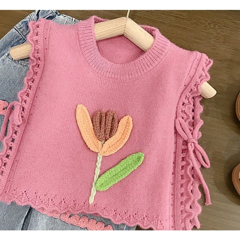 Children's Clothing sets 2-7 Years Pink Knitted Waistcoat + Jeans Summer Outfit Toddler Infant Clothing Set Kids Wear
