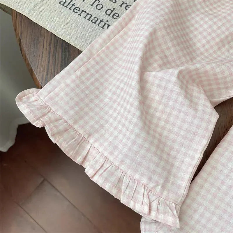 Children's Clothing Sets Bow Short Sleeve Top + Plaid Wide Leg Pants Set Girls Bow T-shirt Clothes Kids Toddler Princess Clothes