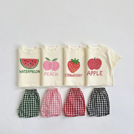 Fruit Pattern T-shirt Children's Clothes Summer Fashion Casual Korean Style Short Sleeve Suit Tees + Plaid Shorts Kids Outfits