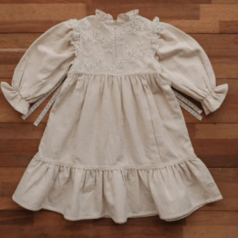 Floral Puff Long Sleeve Lace Vestido Stand Collar Loose Baby Clothes 2-12Y