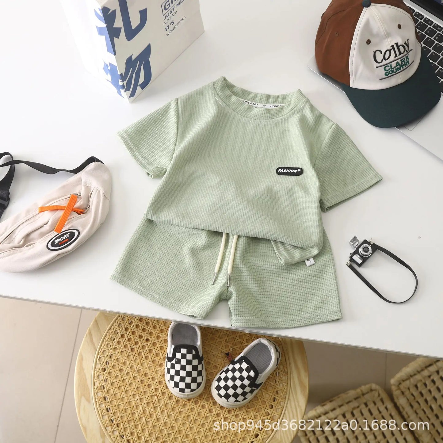 Children's Sets Summer Leisure Loose Casual Girls Boys Waffle Short-sleeved Solid Top+shorts 2-piece Suit Simple Loungewear