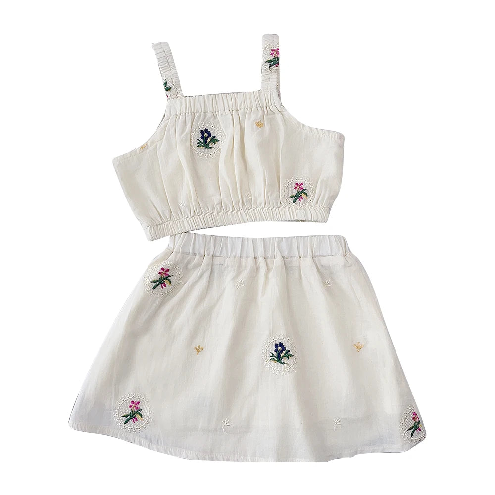 Girls Summer Plain Casual Clothing Embroidery Flower Sleeveless Sling Top + Skirt 2 Pcs Set 2-5 Years Kids Fashion Cute Wear