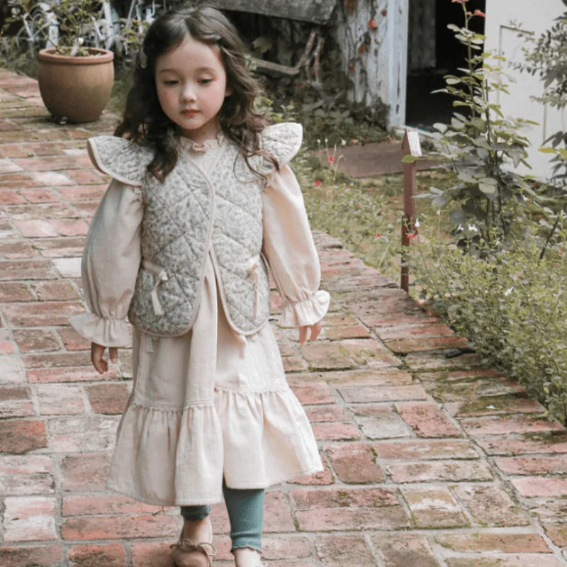 Floral Puff Long Sleeve Lace Vestido Stand Collar Loose Baby Clothes 2-12Y