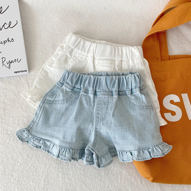 Children New Summer Kids Girls Ruffle Shorts Solid Brief Denim Children's Wear Teenage Girl Jeans