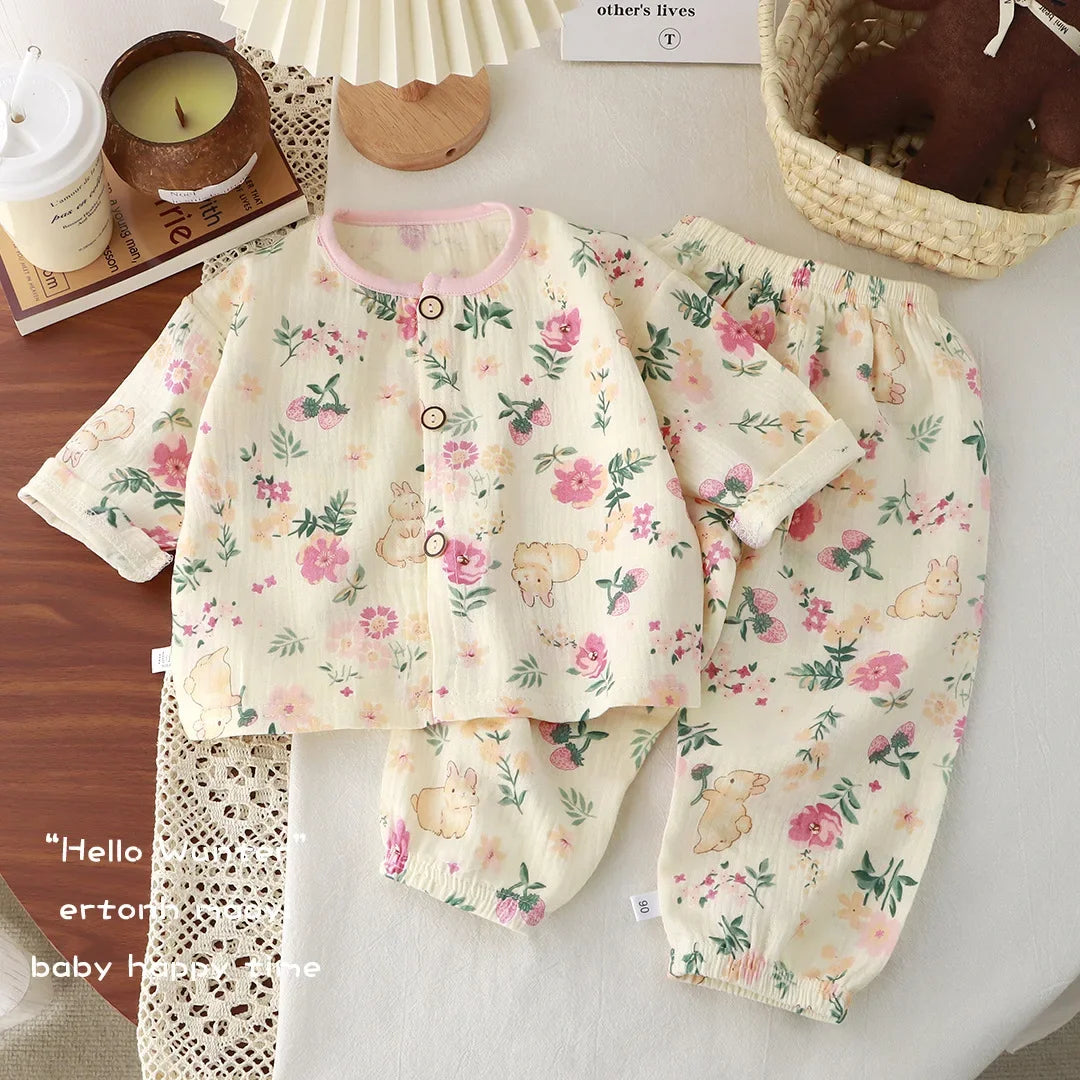 Kids Summer Thin Pajamas 2025 Boys Girls Cute Cartoon Print Long Sleeve Cotton Yarn Clothing Sets Pyjamas Baby Casual Sleepwear