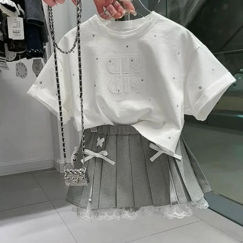 100-170cm Girls' summer outfit set 2025 summer new style children's short sleeved T-shirt pleated skirt stylish two-piece set