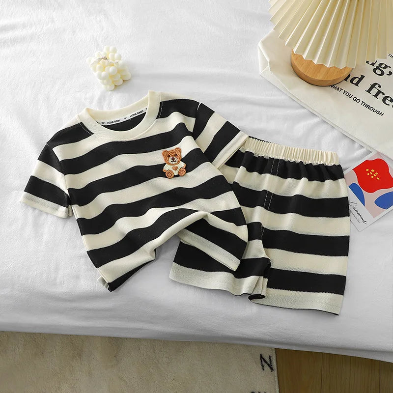 Kids Clothes Children's Short-sleeved Suit Striped Top+shorts 2-piece T-shirt Summer Baby Clothes Children Clothing Boys Girls