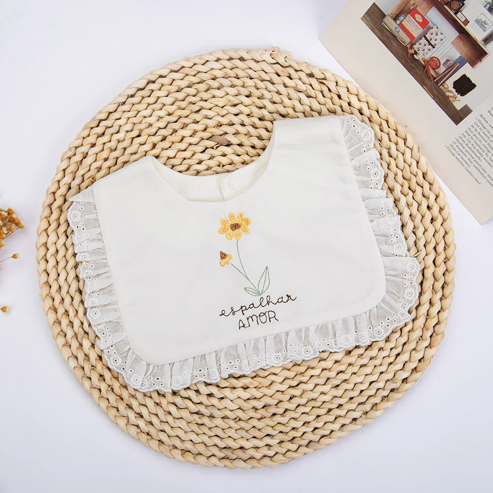 Cotton Baby Bibs Boys Girls Flower Fox Embroider Saliva Towel Infant Feeding Burp Cloth Kids Black Bow Korean Square Scarf