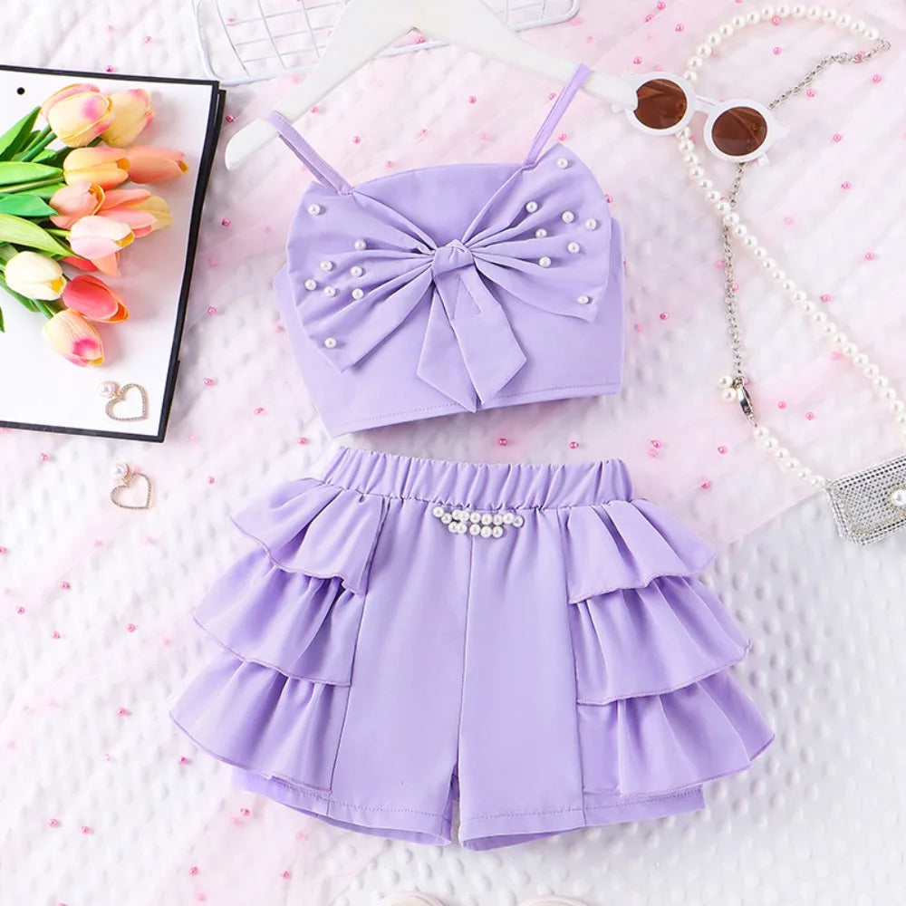 Bear Leader Summer New Pink Girls Clothes Sweet and Cute Children's Suit Pearl Bow Decorative Strap Top+Cake Skirt 2-piece Set