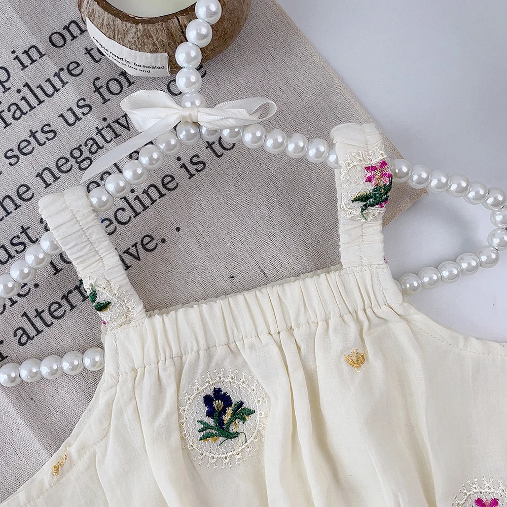 Girls Summer Plain Casual Clothing Embroidery Flower Sleeveless Sling Top + Skirt 2 Pcs Set 2-5 Years Kids Fashion Cute Wear