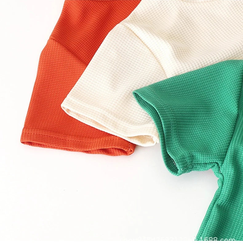 Children's Sets Summer Leisure Loose Casual Girls Boys Waffle Short-sleeved Solid Top+shorts 2-piece Suit Simple Loungewear