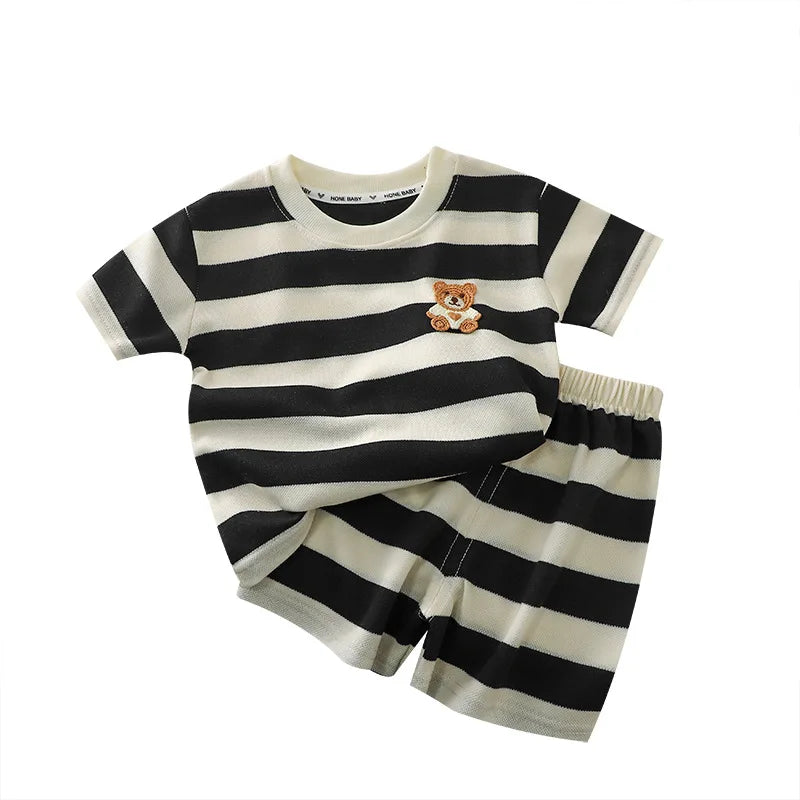 Kids Clothes Children's Short-sleeved Suit Striped Top+shorts 2-piece T-shirt Summer Baby Clothes Children Clothing Boys Girls