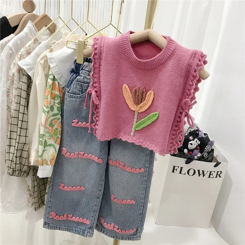 Children's Clothing sets 2-7 Years Pink Knitted Waistcoat + Jeans Summer Outfit Toddler Infant Clothing Set Kids Wear