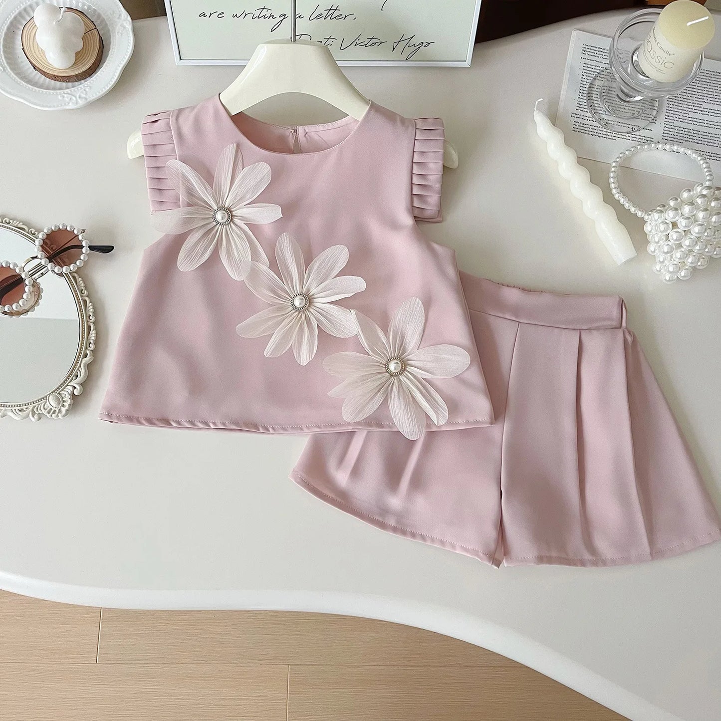 Children's Suit For Girls Summer Cute Three Flowers Short Sleeve Tshirt + Shorts 2 PC Sets Casual Outfit Baby Kids Clothing 