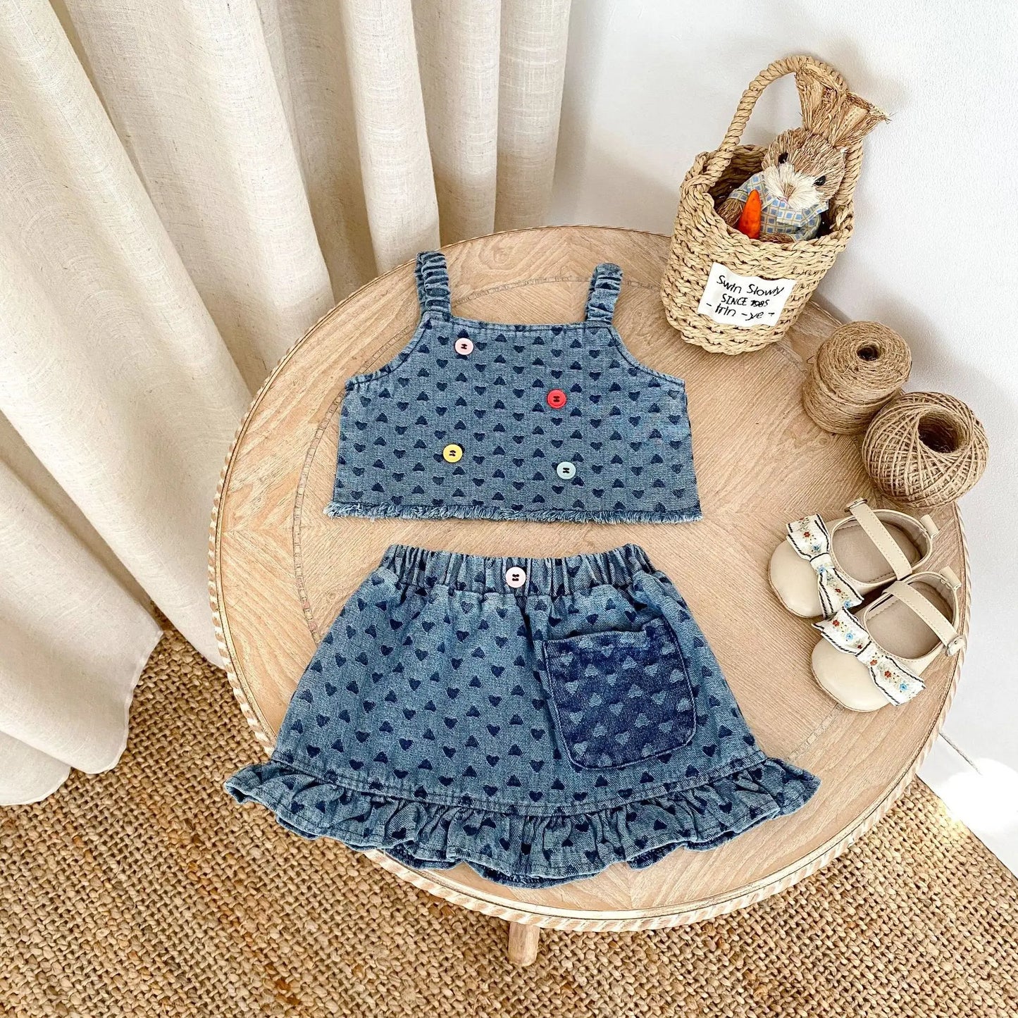 Baby Clothes Summer Female Baby Fashion Trend Cowboy Set Love Cowboy Strap Top Short Skirt Two Piece Set
