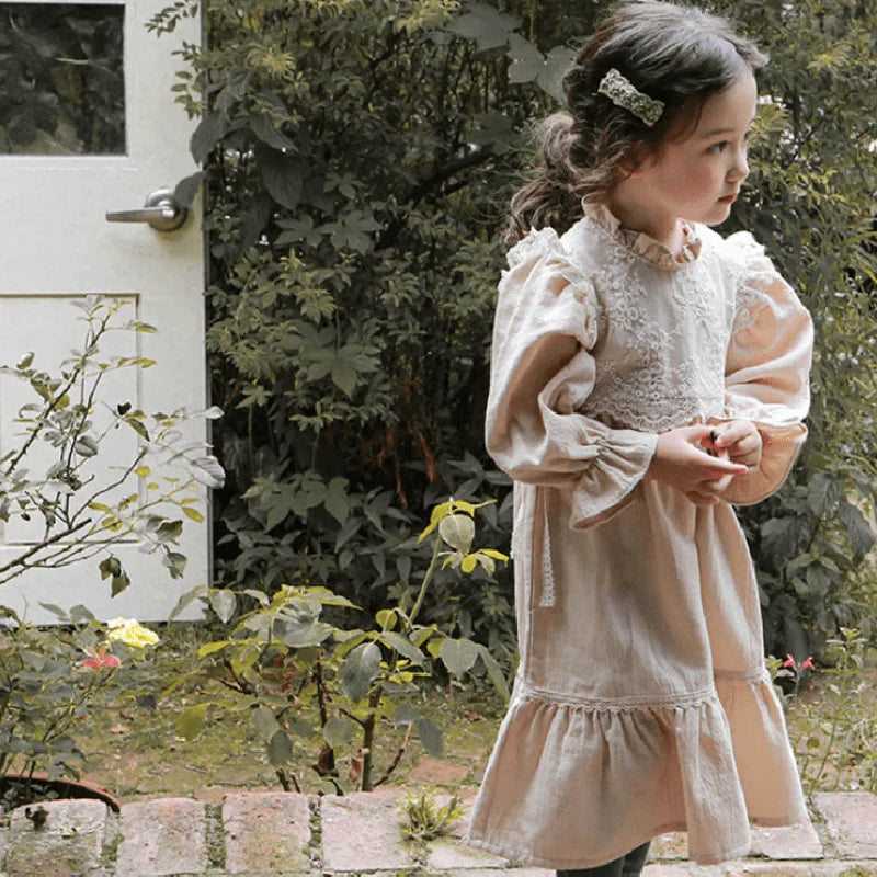 Floral Puff Long Sleeve Lace Vestido Stand Collar Loose Baby Clothes 2-12Y