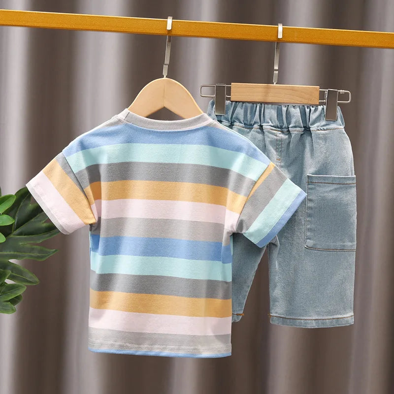 Summer Baby Boys Clothes Suit Fashion Tshirt Toddler Boy Outfit Set Stripe Shirt+Denim Shorts 2 Pcs Sets Infants Kids Clothes
