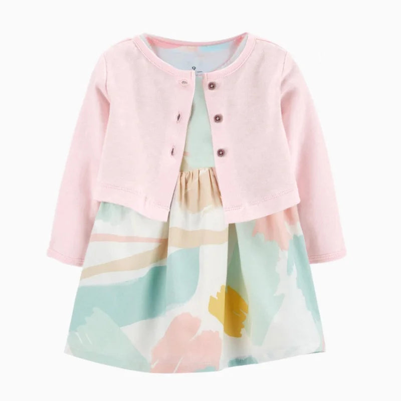 Floral Button Romper Dress+Long Sleeve Small Coat