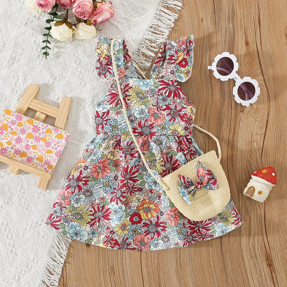 Flower Printed Batwing Sleeve Dress, Newborn Girl