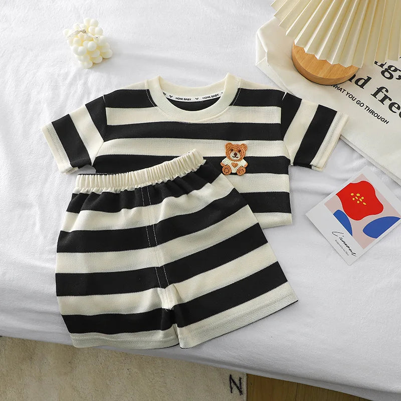 Kids Clothes Children's Short-sleeved Suit Striped Top+shorts 2-piece T-shirt Summer Baby Clothes Children Clothing Boys Girls