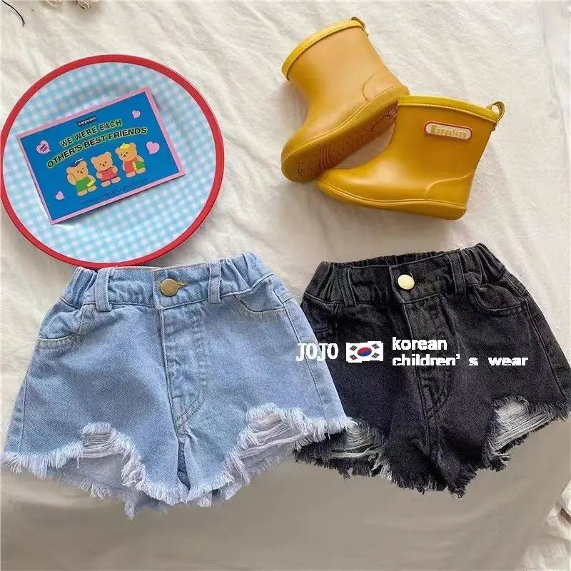 Summer Baby Girls Pants Washed Denim Ripped Shorts Hot Pants 2025 Summer New Fashion Children'S Clothing