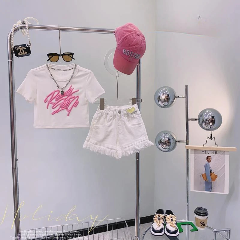 Children's Clothing Sets Monogram Print Short Sleeve + Denim Shorts Baby Girl Clothes 4 To 15 Years Baby Girl Outfit Set