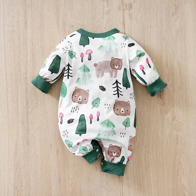 Baby Autumn Clothes Cartoon Animal Elements Baby Boy Long Sleeved Jumpsuit Casual Baby Single Breasted Clothes